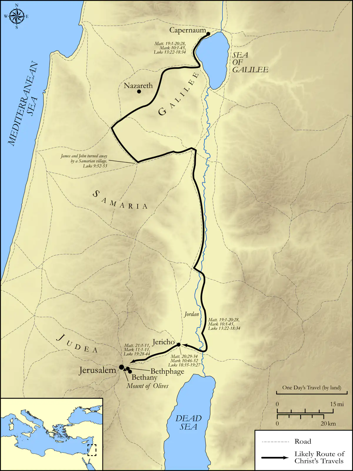 Map of routes from Galilee to Jerusalem
