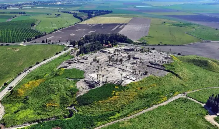 An aerial view of Megiddo: a mound rising from the plain