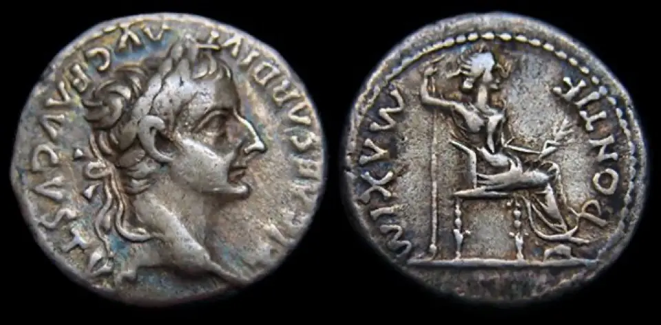 A silver denarius of Tiberius